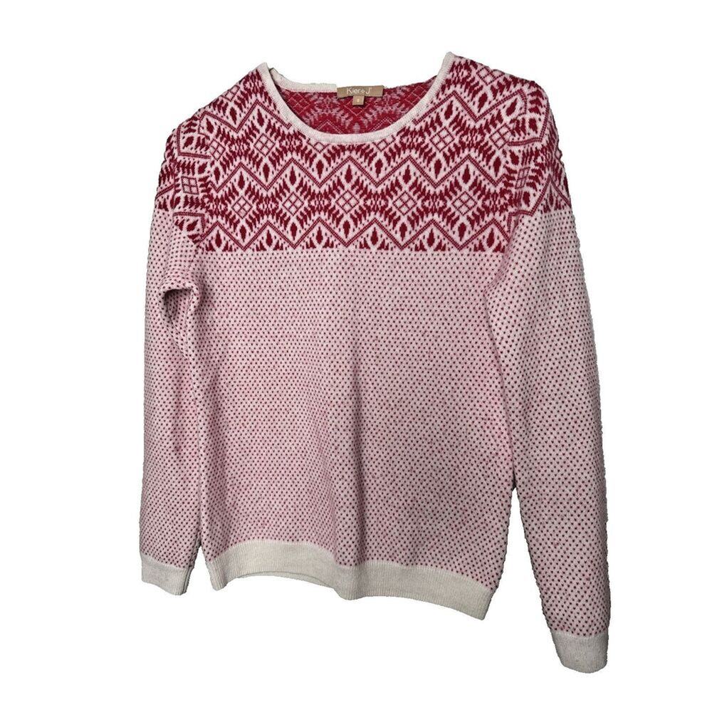 KIER + J J2 Women's 100% Cashmere Crew Neck Sweater Size S Hearts Fair Isle